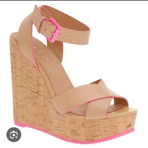 Aldo Beige and Neon Pink Wedge Sandals
